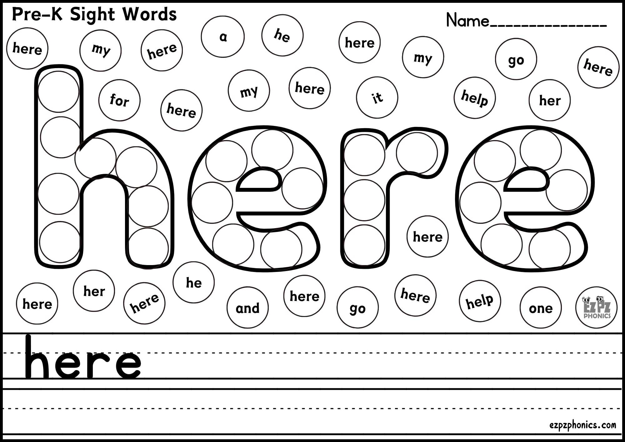 "Here" Sight Word Dab & Write Worksheet – Fun Phonics & Reading Practice! Free PDF